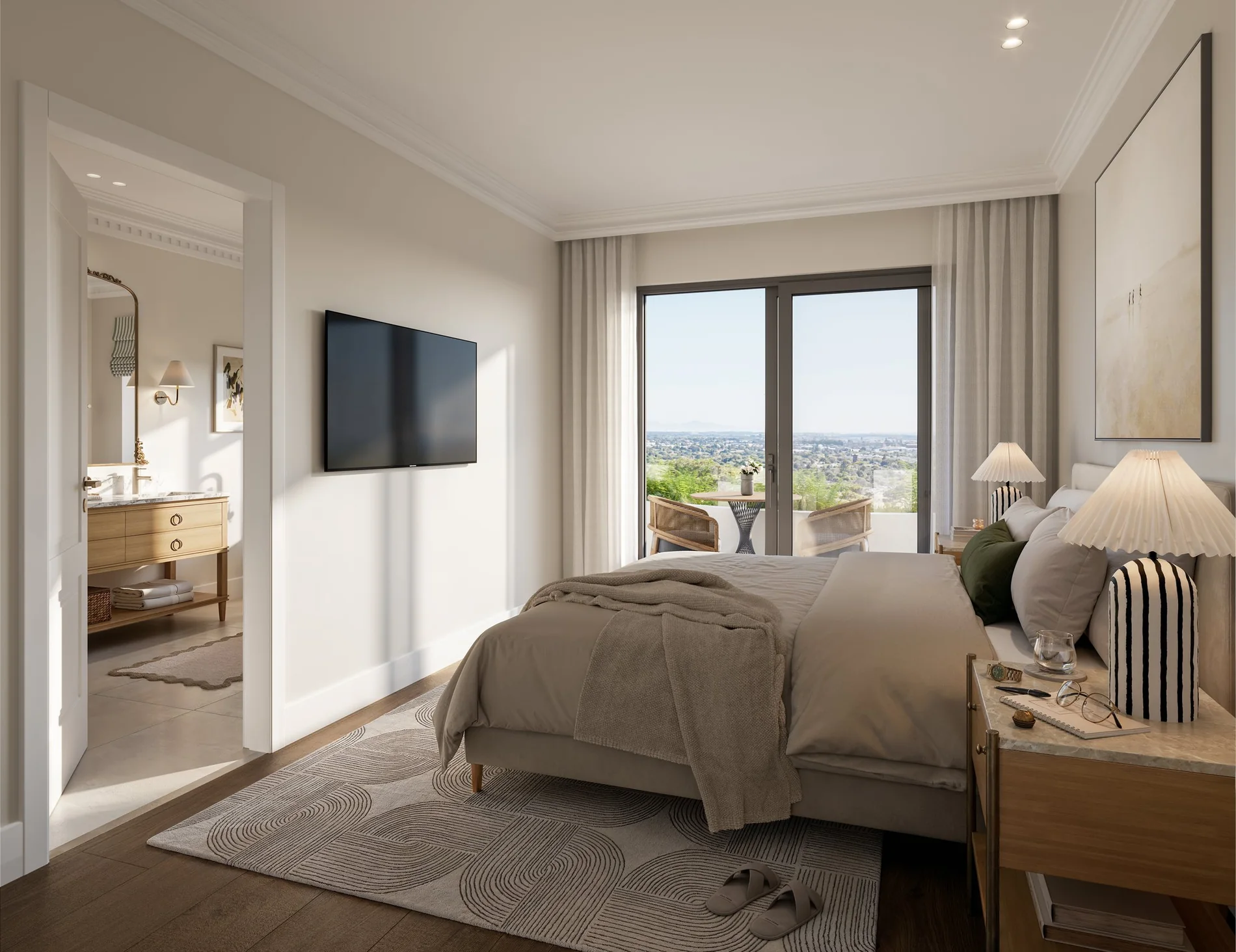 A calm residence bedroom overlooking the landscape