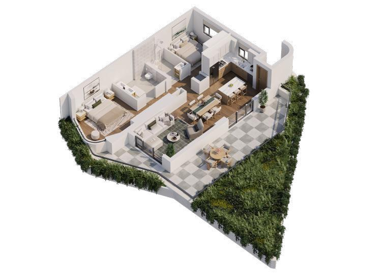 Axonometric layout of a two bedroom garden residence at The Lakes