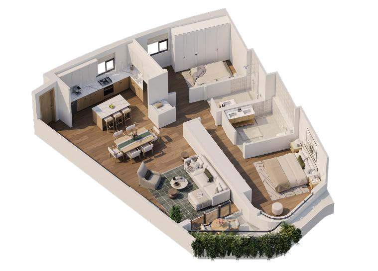 Axonometric layout of a two bedroom residence at The Lakes